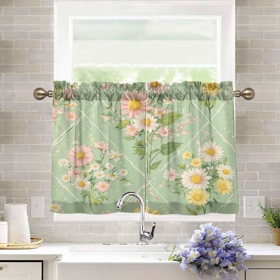 BZSMCE Set of 2 Pieces Kitchen Window Curtain Fashion Daisy Delight Printed 27x24in/27x36in