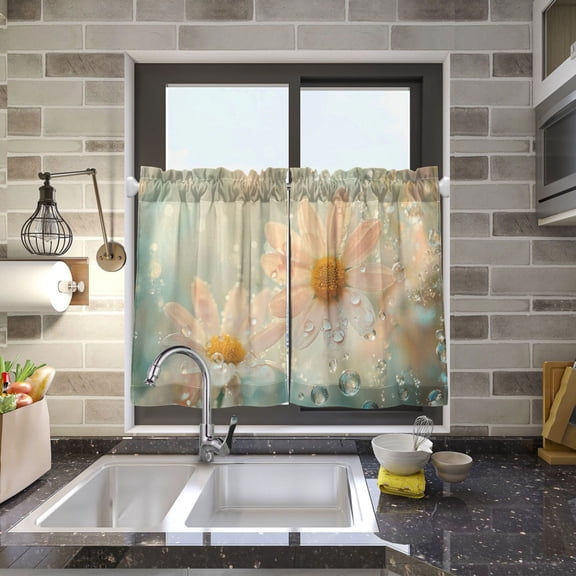 BZSMCE Set of 2 Pieces Kitchen Window Curtain Fashion Daisy Flowers with Water Droplets Printed 27x24in/27x36in