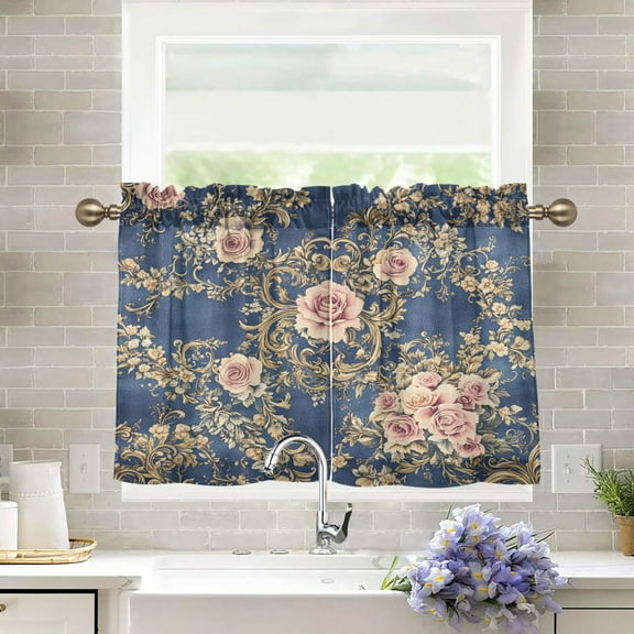 BZSMCE Set of 2 Pieces Kitchen Window Curtain Fashion Damask Of Floral Printed 27x24in/27x36in