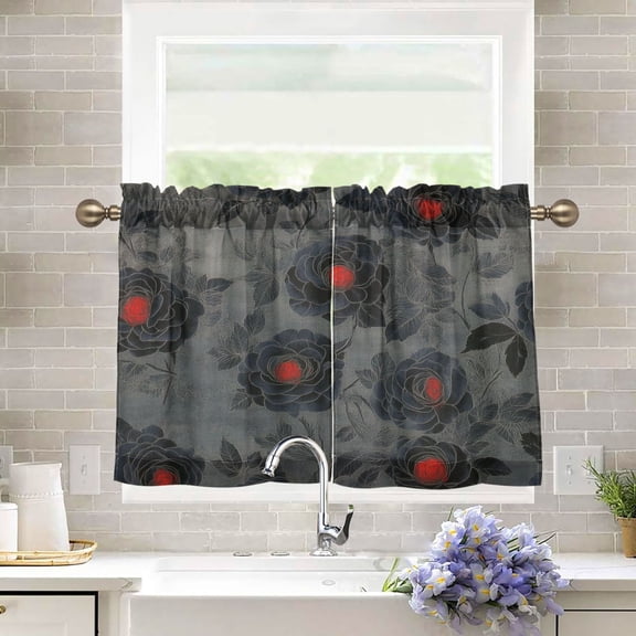 BZSMCE Set of 2 Pieces Kitchen Window Curtain Fashion Dark Floral Printed 27x24in/27x36in