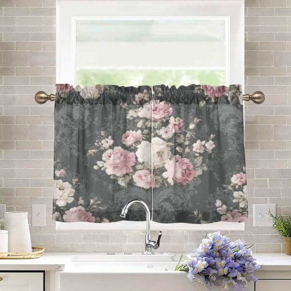 BZSMCE Set of 2 Pieces Kitchen Window Curtain Fashion Dark Gray Rose Pattern 27x24in/27x36in