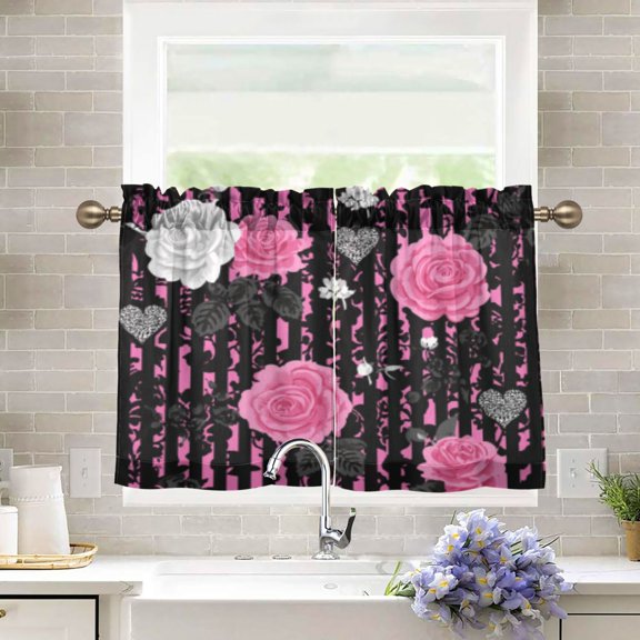 BZSMCE Set of 2 Pieces Kitchen Window Curtain Fashion Edgy Pink Rose Pattern 27x24in/27x36in