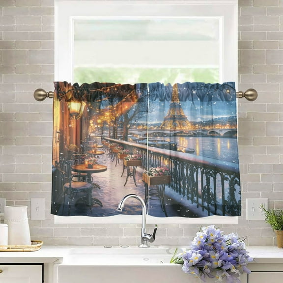 BZSMCE Set of 2 Pieces Kitchen Window Curtain Fashion Eiffel Evening Elegance Printed 27x24in/27x36in