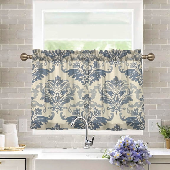 BZSMCE Set of 2 Pieces Kitchen Window Curtain Fashion Elegant Blue Damask Pattern Printed 27x24in/27x36in