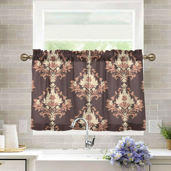 BZSMCE Set of 2 Pieces Kitchen Window Curtain Fashion Elegant Earthy Damask Printed 27x24in/27x36in