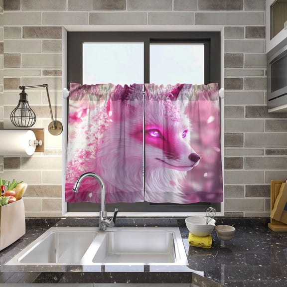 BZSMCE Set of 2 Pieces Kitchen Window Curtain Fashion Elegant White Fox in Blossoms Printed 27x24in/27x36in
