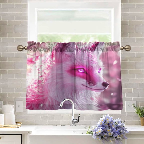 BZSMCE Set of 2 Pieces Kitchen Window Curtain Fashion Elegant White Fox in Blossoms Printed 27x24in/27x36in