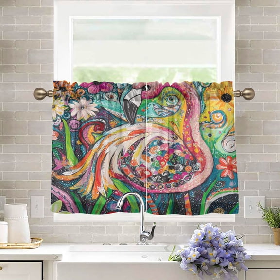BZSMCE Set of 2 Pieces Kitchen Window Curtain Fashion Flamingo in A Garden Of Colors Printed 27x24in/27x36in