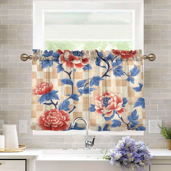BZSMCE Set of 2 Pieces Kitchen Window Curtain Fashion Floral Peony Dreams Printed 27x24in/27x36in