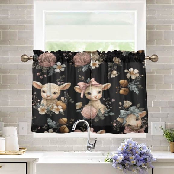 BZSMCE Set of 2 Pieces Kitchen Window Curtain Fashion Floral and Lambs Pattern 27x24in/27x36in