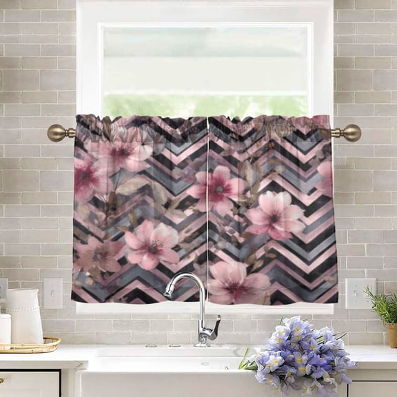 BZSMCE Set of 2 Pieces Kitchen Window Curtain Fashion Floral with Chevron Pattern 27x24in/27x36in