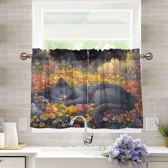 BZSMCE Set of 2 Pieces Kitchen Window Curtain Fashion Flower-filled Dreams Printed 27x24in/27x36in