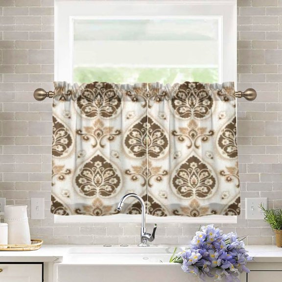 BZSMCE Set of 2 Pieces Kitchen Window Curtain Fashion Gold Cream Ornate Damask Pattern 27x24in/27x36in