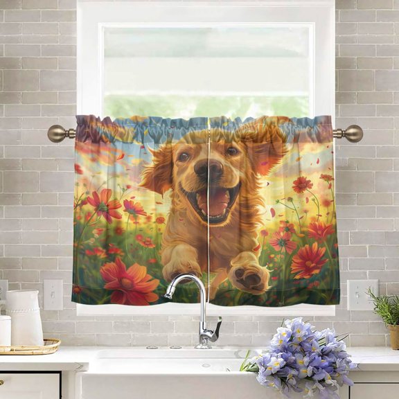 BZSMCE Set of 2 Pieces Kitchen Window Curtain Fashion Golden Sunshine Running Free Printed 27x24in/27x36in