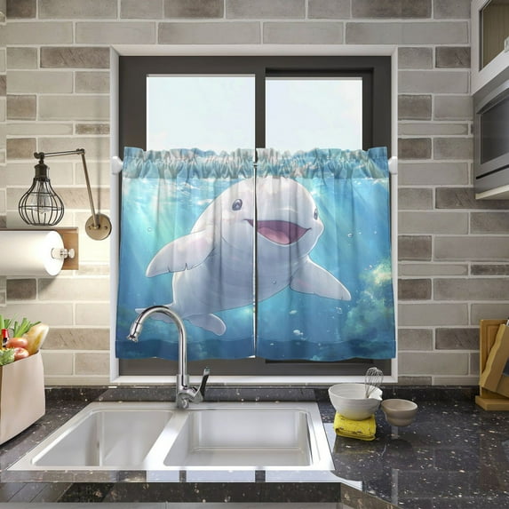 BZSMCE Set of 2 Pieces Kitchen Window Curtain Fashion Joyful Beluga Printed 27x24in/27x36in