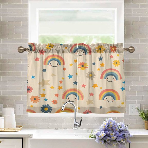 BZSMCE Set of 2 Pieces Kitchen Window Curtain Fashion Joyful Rainbows Printed 27x24in/27x36in