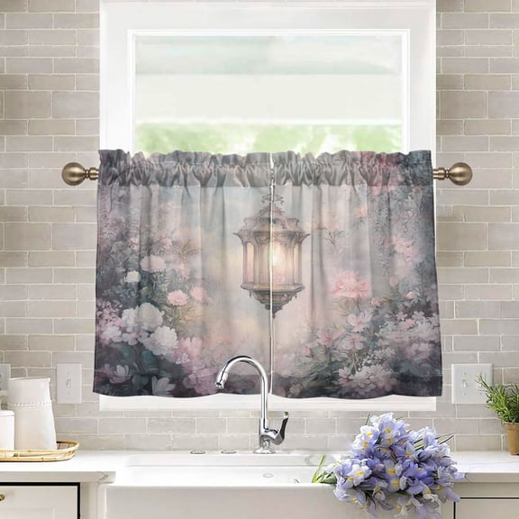 BZSMCE Set of 2 Pieces Kitchen Window Curtain Fashion Lantern in Floral Garden Printed 27x24in/27x36in