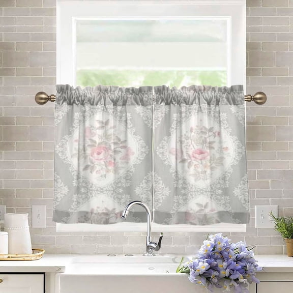 BZSMCE Set of 2 Pieces Kitchen Window Curtain Fashion Light Gray Floral Medallion Pattern 27x24in/27x36in