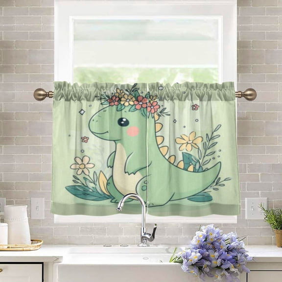 BZSMCE Set of 2 Pieces Kitchen Window Curtain Fashion Lossom Crown Green Dino Pattern 27x24in/27x36in