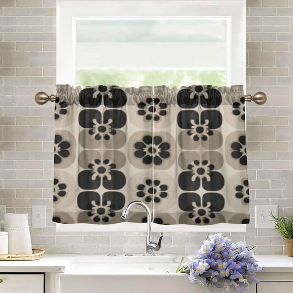BZSMCE Set of 2 Pieces Kitchen Window Curtain Fashion Mid - Century Floral Grid Art Pattern 27x24in/27x36in