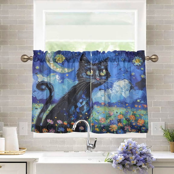 BZSMCE Set of 2 Pieces Kitchen Window Curtain Fashion Moonlit Kitty Dreams Printed 27x24in/27x36in