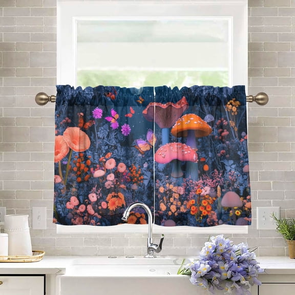 BZSMCE Set of 2 Pieces Kitchen Window Curtain Fashion Mushroom Butterfly Garden Printed 27x24in/27x36in