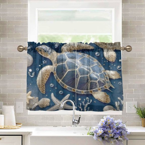 BZSMCE Set of 2 Pieces Kitchen Window Curtain Fashion Navy Beaded Sea Turtle Pattern 27x24in/27x36in