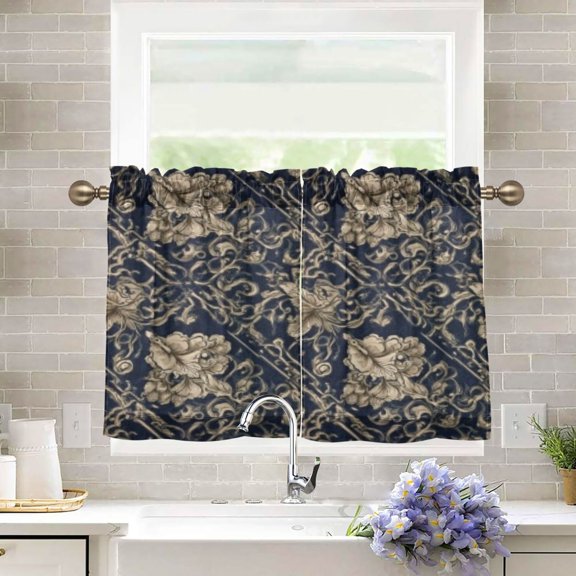 BZSMCE Set of 2 Pieces Kitchen Window Curtain Fashion Navy Gold Damask Pattern 27x24in/27x36in