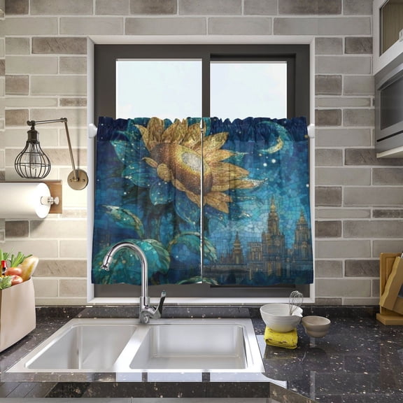 BZSMCE Set of 2 Pieces Kitchen Window Curtain Fashion Nocturnal Sunflower Pattern 27x24in/27x36in