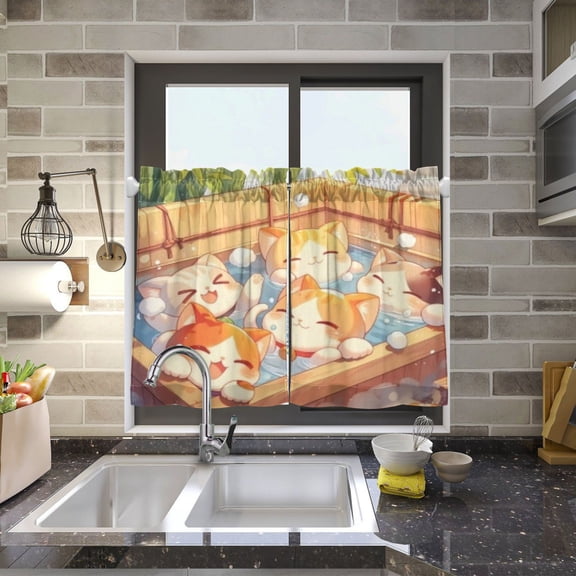 BZSMCE Set of 2 Pieces Kitchen Window Curtain Fashion Onsen Cats Bubbles Pattern 27x24in/27x36in