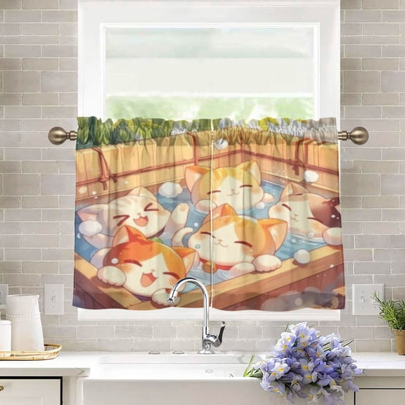 BZSMCE Set of 2 Pieces Kitchen Window Curtain Fashion Onsen Cats Bubbles Pattern 27x24in/27x36in