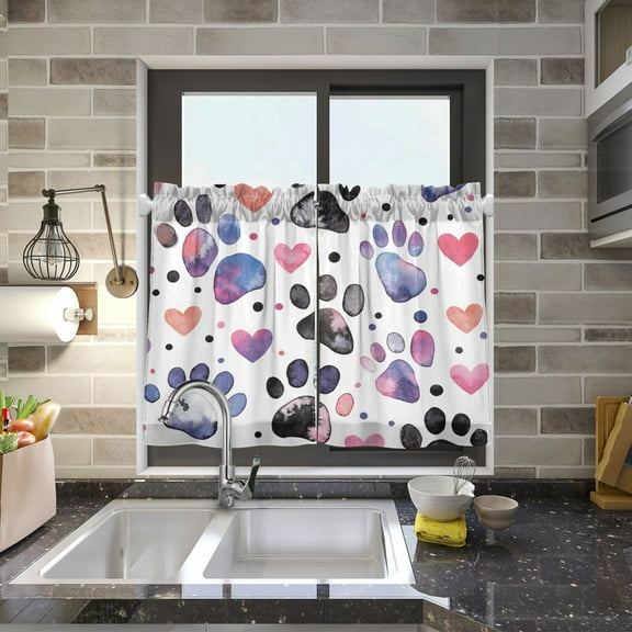 BZSMCE Set of 2 Pieces Kitchen Window Curtain Fashion Pawprints Of Love Printed 27x24in/27x36in