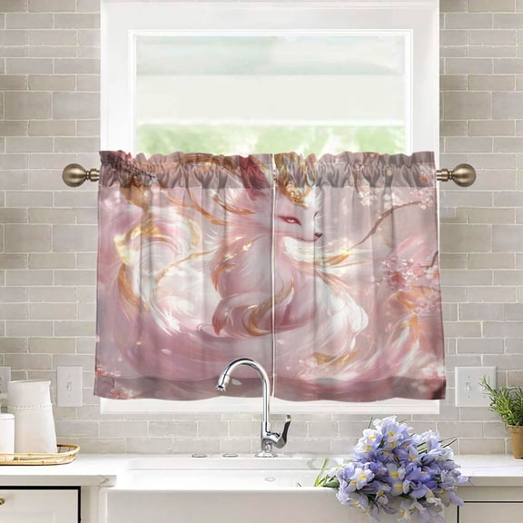 BZSMCE Set of 2 Pieces Kitchen Window Curtain Fashion Pink Flower-adorned Fox Printed 27x24in/27x36in