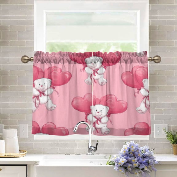 BZSMCE Set of 2 Pieces Kitchen Window Curtain Fashion Pink Teddy Heart Parade Pattern 27x24in/27x36in