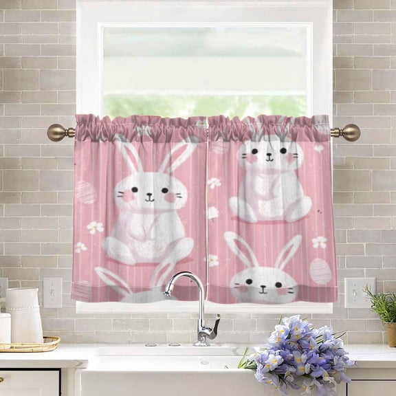 BZSMCE Set of 2 Pieces Kitchen Window Curtain Fashion Pink White Bunn Pattern 27x24in/27x36in