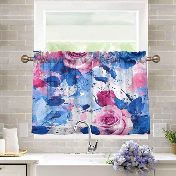 BZSMCE Set of 2 Pieces Kitchen Window Curtain Fashion Pink and Blue Roses Rrt Printed 27x24in/27x36in