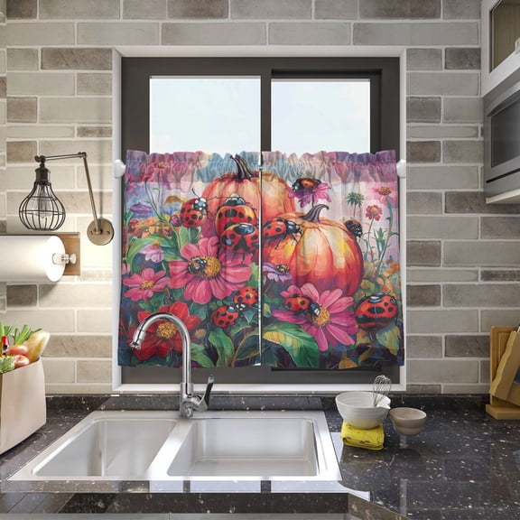 BZSMCE Set of 2 Pieces Kitchen Window Curtain Fashion Pumpkin Patch Ladybug Parade Printed 27x24in/27x36in