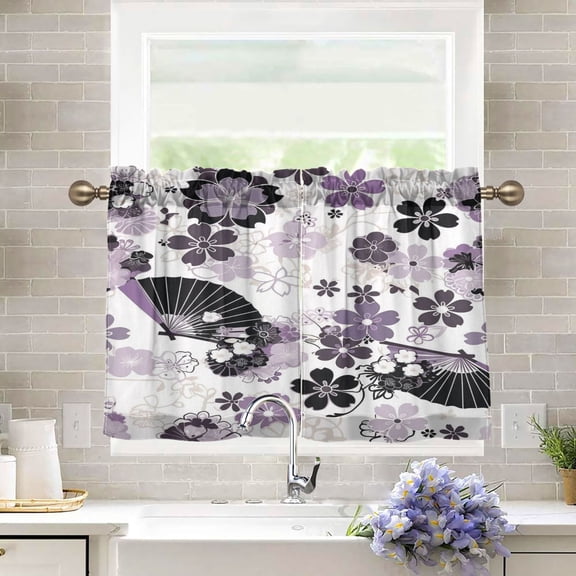 BZSMCE Set of 2 Pieces Kitchen Window Curtain Fashion Purple Floral Fan Pattern 27x24in/27x36in