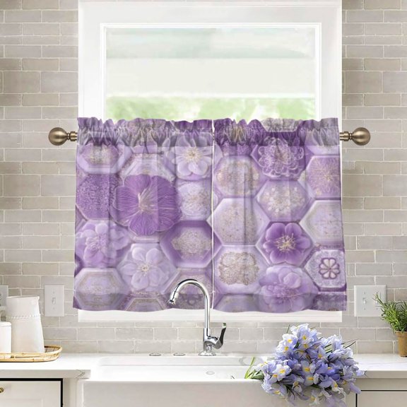 BZSMCE Set of 2 Pieces Kitchen Window Curtain Fashion Purple Hexagon Floral Pattern 27x24in/27x36in