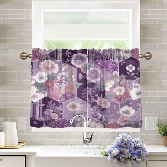BZSMCE Set of 2 Pieces Kitchen Window Curtain Fashion Purple Hexagon Floral Pattern 27x24in/27x36in