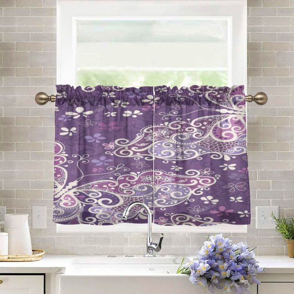 BZSMCE Set of 2 Pieces Kitchen Window Curtain Fashion Purple Paisley Swirl Pattern 27x24in/27x36in
