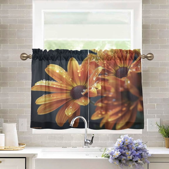 BZSMCE Set of 2 Pieces Kitchen Window Curtain Fashion Radiant Orange Blossoms Printed 27x24in/27x36in