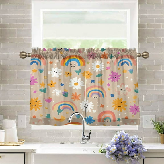 BZSMCE Set of 2 Pieces Kitchen Window Curtain Fashion Rainbow Dream Printed 27x24in/27x36in