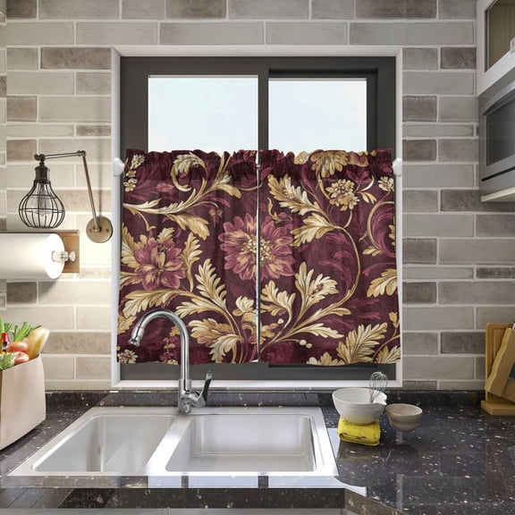 BZSMCE Set of 2 Pieces Kitchen Window Curtain Fashion Red Floral Gold Filigree Printed 27x24in/27x36in