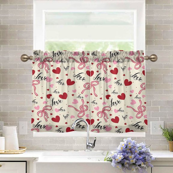 BZSMCE Set of 2 Pieces Kitchen Window Curtain Fashion Ribbon & Heart Mosaic Pattern 27x24in/27x36in