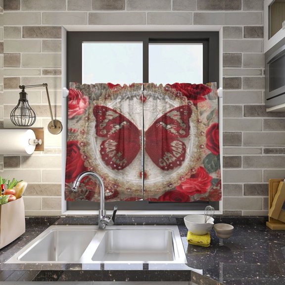 BZSMCE Set of 2 Pieces Kitchen Window Curtain Fashion Ruby Butterfly Pattern 27x24in/27x36in