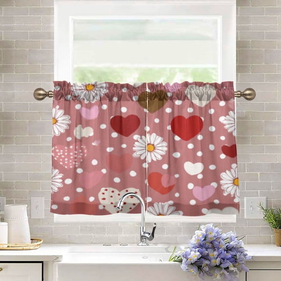 BZSMCE Set of 2 Pieces Kitchen Window Curtain Fashion Ruby Heart - Floral Medley Pattern 27x24in/27x36in