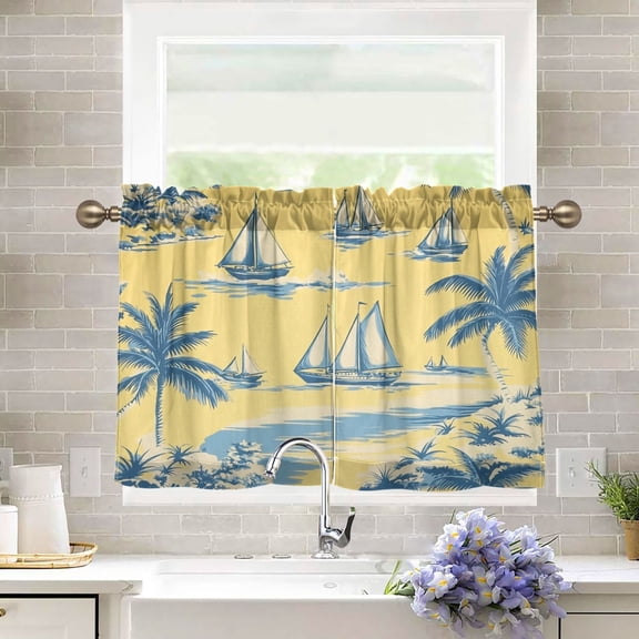 BZSMCE Set of 2 Pieces Kitchen Window Curtain Fashion Sailing Into Golden Horizons Printed 27x24in/27x36in