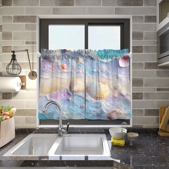 BZSMCE Set of 2 Pieces Kitchen Window Curtain Fashion Seashells on Sandy Beach Printed 27x24in/27x36in