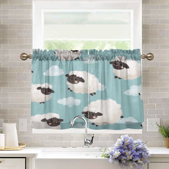 BZSMCE Set of 2 Pieces Kitchen Window Curtain Fashion Sky Blue Sheepscape Pattern 27x24in/27x36in
